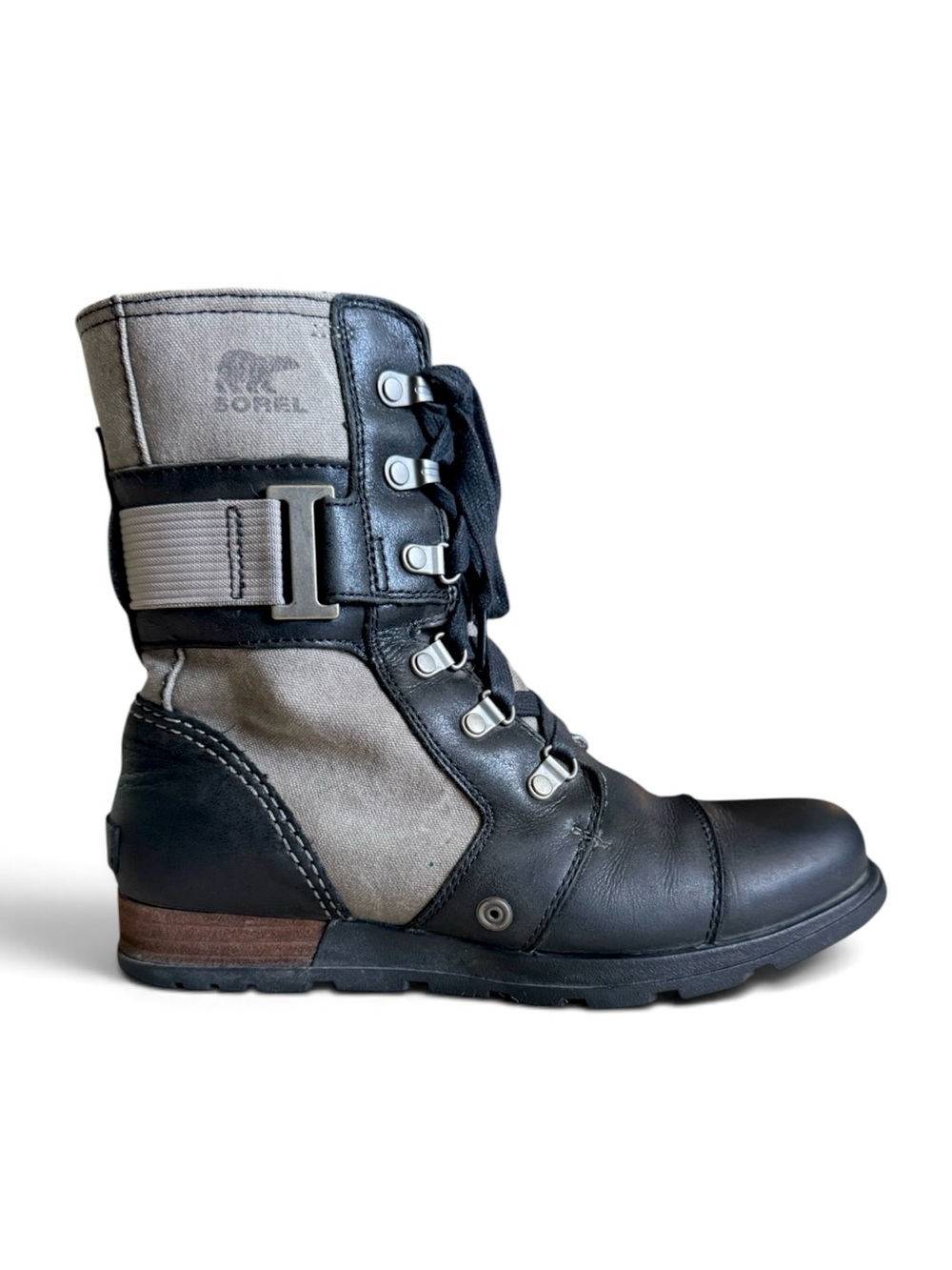 Sorel Major Carly Leather Canvas Combat Moto Boots Black Beige Size 8
